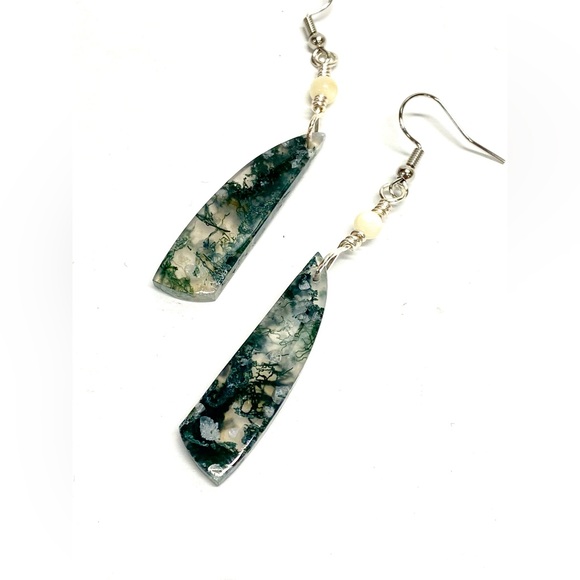 HANDCRAFTED Moss Agate & Mother of Pearl Hand Wrapped Casual Earrings, Gift Her - Picture 4 of 10